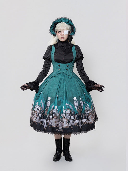 Green Skeleton Cross Gothic Lace Dress - NnSTAR