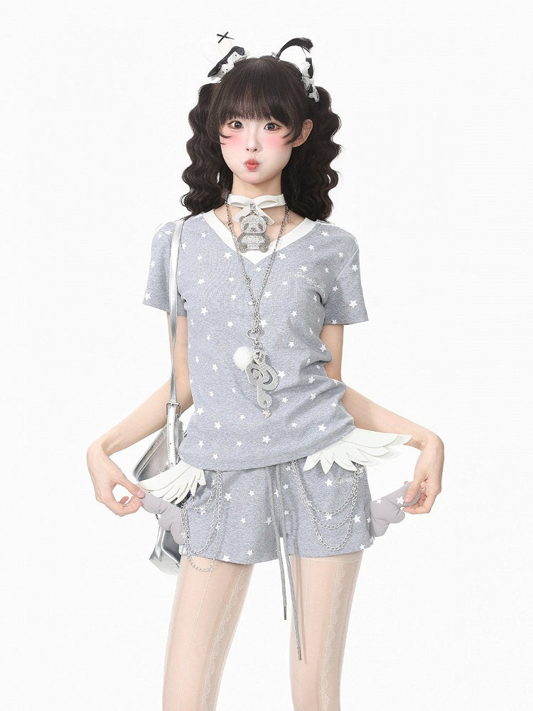Gray Star Print V-Neck Tee with Wing Back Design - Languid Park