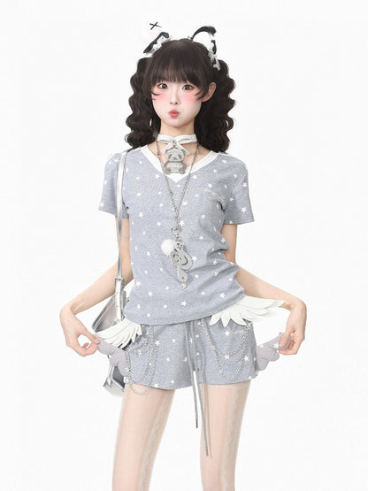 Gray Star Print V-Neck Tee with Wing Back Design - Languid Park
