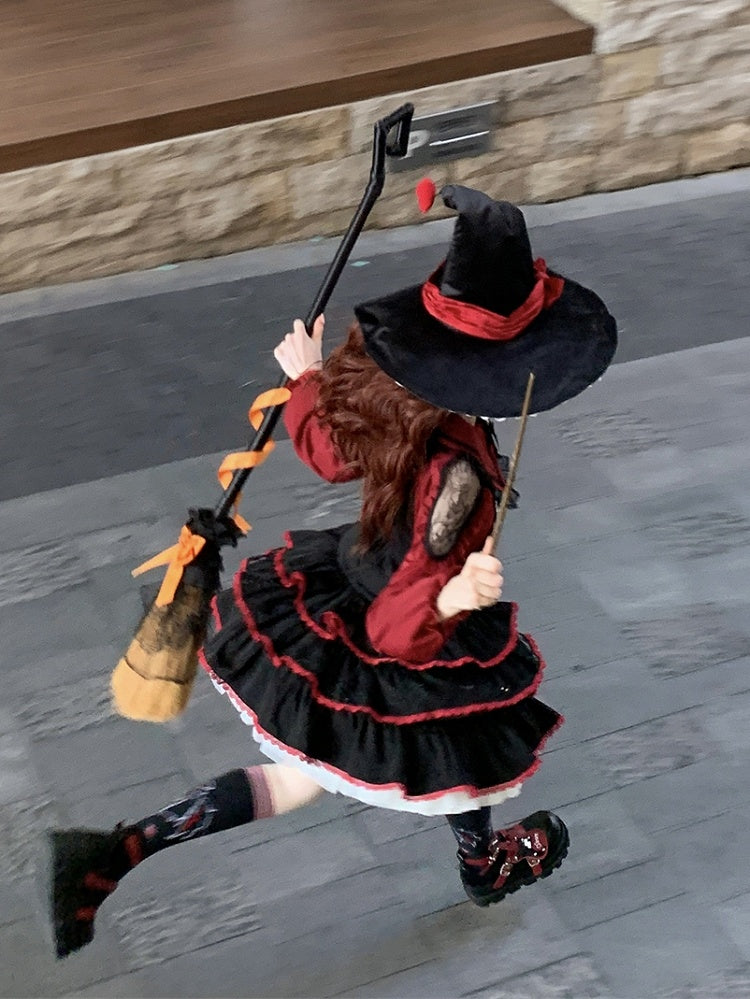 Jumper Showa Retro Black Witch Tiered Skirt Dress Red