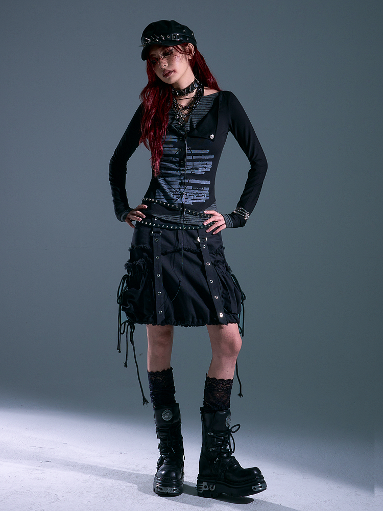 Distressed Side - Design Black Skirt Punk Pockets Drawstring