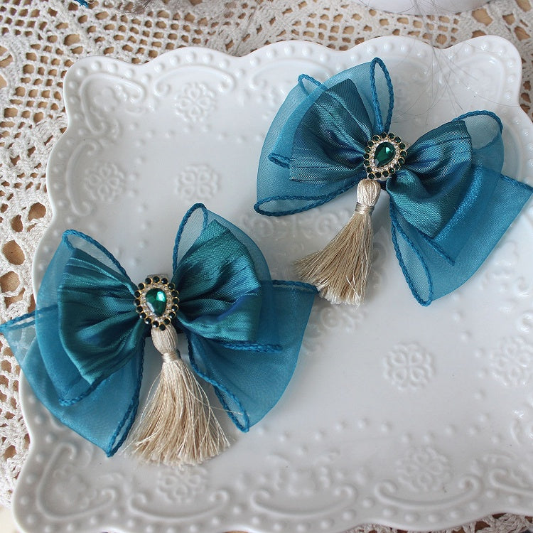 Clips with Shoe Bowknot Peacock Rhinestone Decorated Blue Tassels