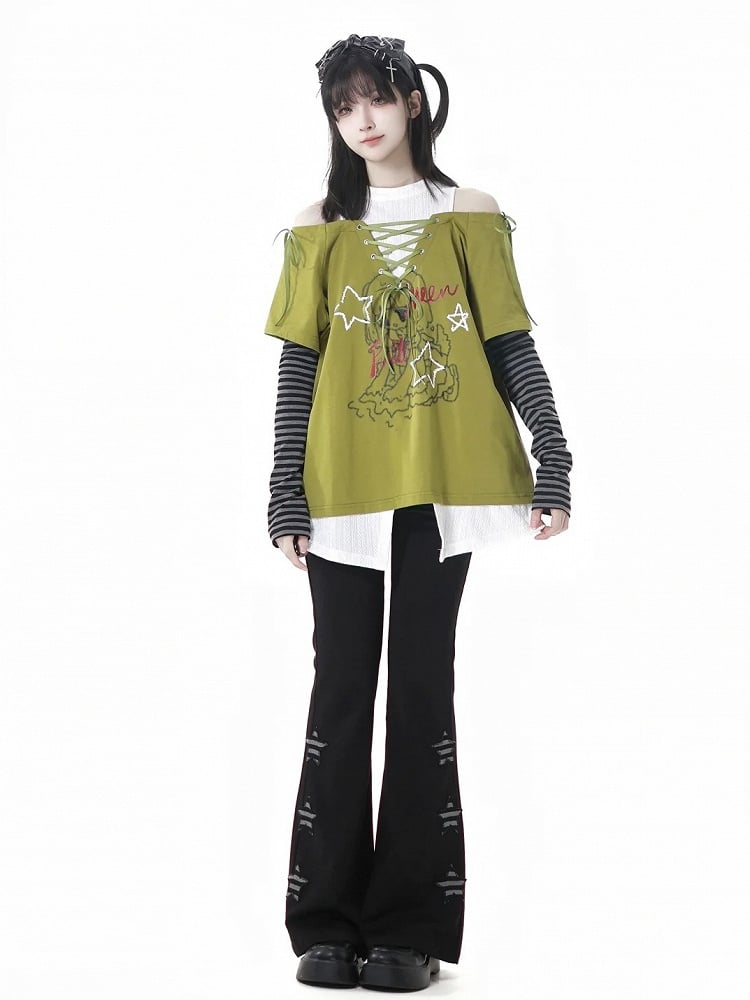 グラフィックTシャツ ネックライン フェイクツーピース グリーン/ブラック カットアウトショルダー レースアップ