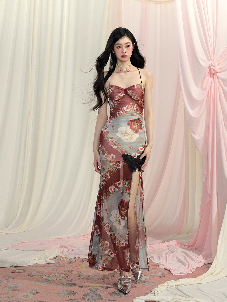 Rock Rostrot Chiffon Neckholder Floral Slip Kleid Schlitz Seite Meerjungfrau Rückenfrei Hals