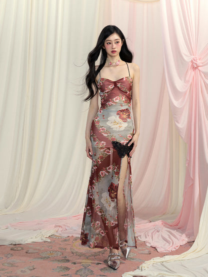 Rock Rostrot Chiffon Neckholder Floral Slip Kleid Schlitz Seite Meerjungfrau Rückenfrei Hals