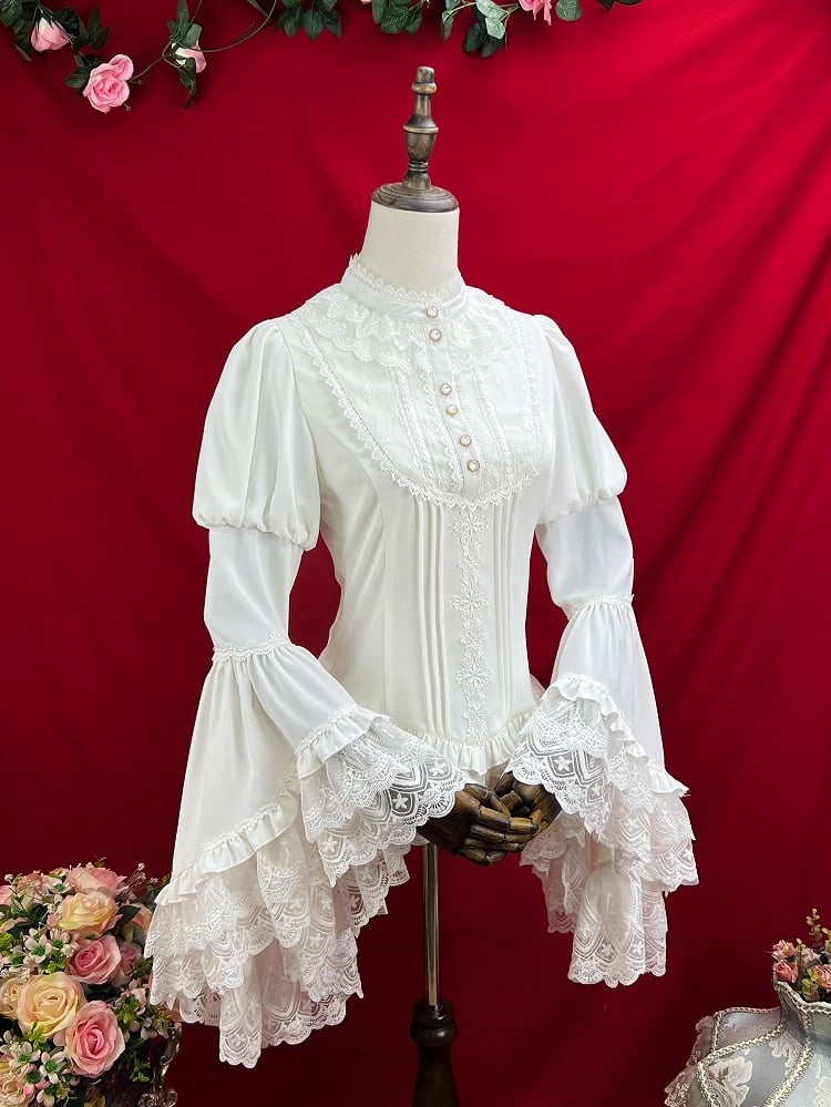 エレガントなホワイトベルスリーブブラウスロング