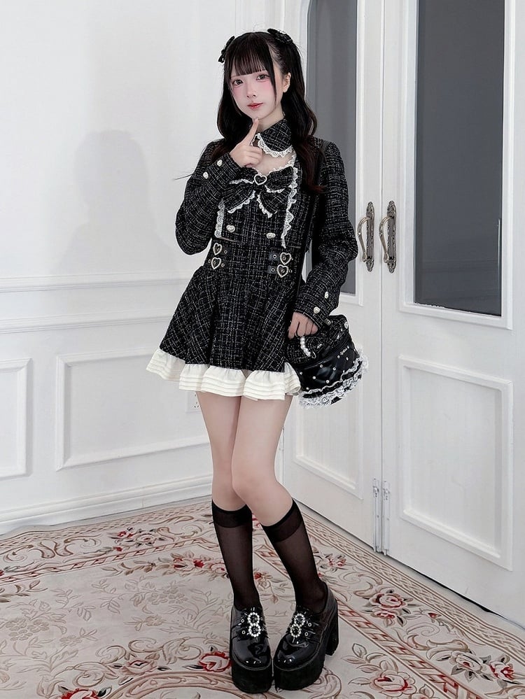 Black Jirai Kei Tweed Skirt for Autumn/Winter Season - Puppet Bombs