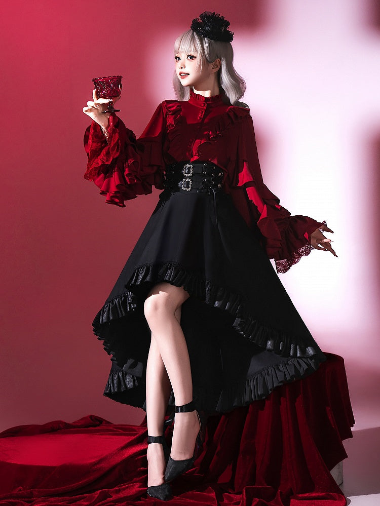 Black High Waist Gothic Lolita Cascading Ruffle High-low Skirt