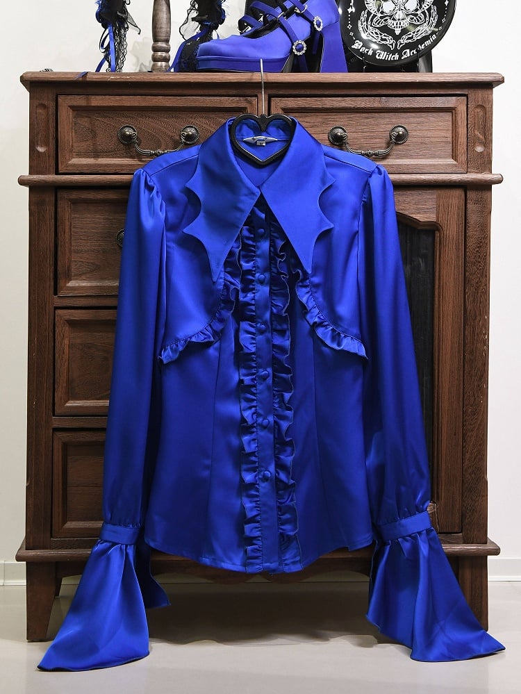 Klein Collar Satin Lolita Gothic Blue with Shirt Ruffle Details Bat-Wing