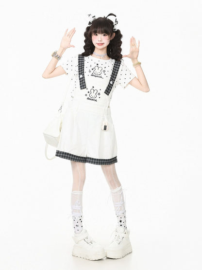 White Plaid Overall Shorts with Bunny Embroidery - Languid Park