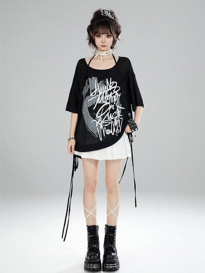 Loose Black Graffiti Pullover Print Fit Knit with Off-the-shoulder