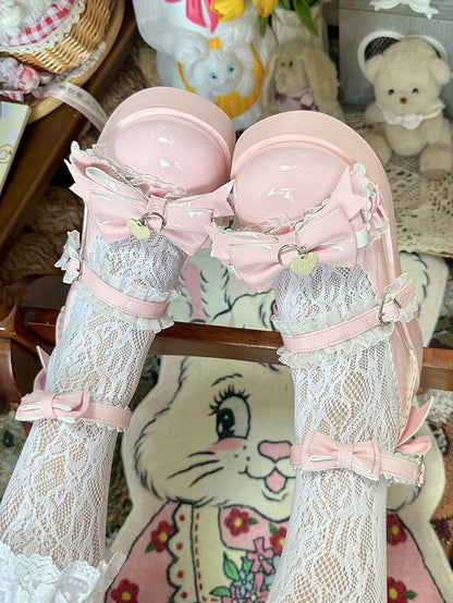 Sweet Pink Platform Mary Janes Bow Embellished Scalloped Heels - Pu Yue Meng