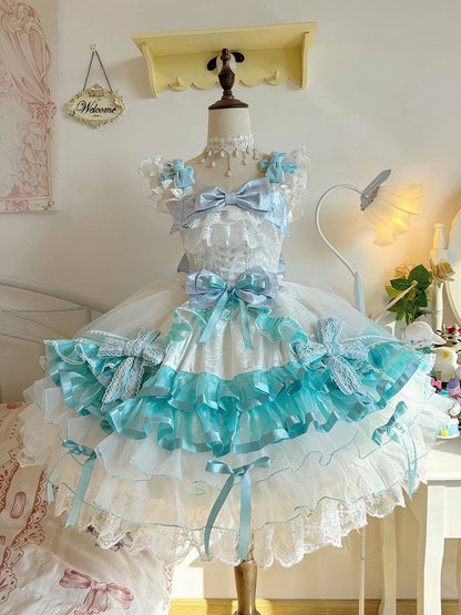 with Accents Blue White Layered Bow Lolita JSK and Dress Princess Ruffle Skirt