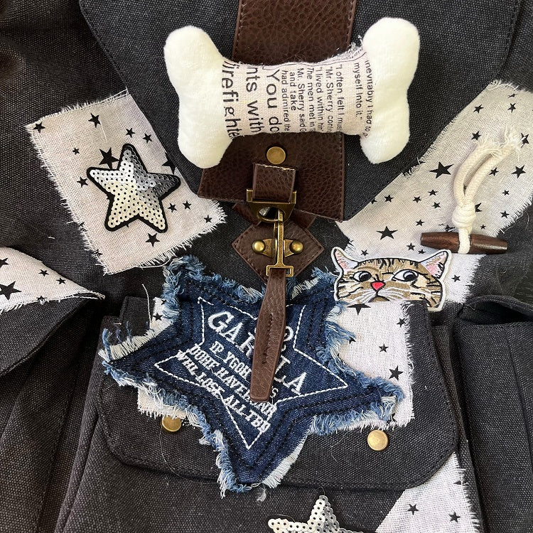Patches Drawstring Star white and Washed Distressed Backpack Black with Canvas