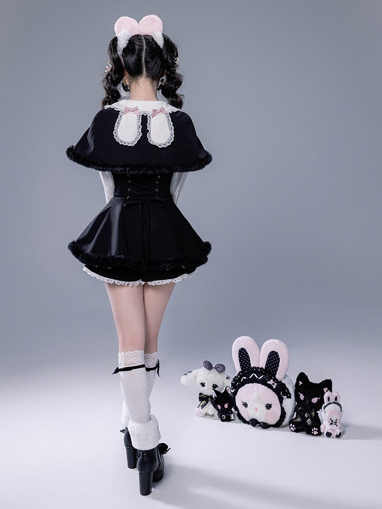 Full Shorts Black Pink Bunny Matching Cape Set Kei Brooch Dress Ear Jirai Bow + Lace Plush