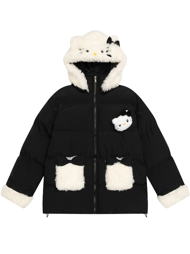 Rosa/schwarze Pufferjacke mit Kapuze und Plüschbündchen mit Kätzchen-Verzierung