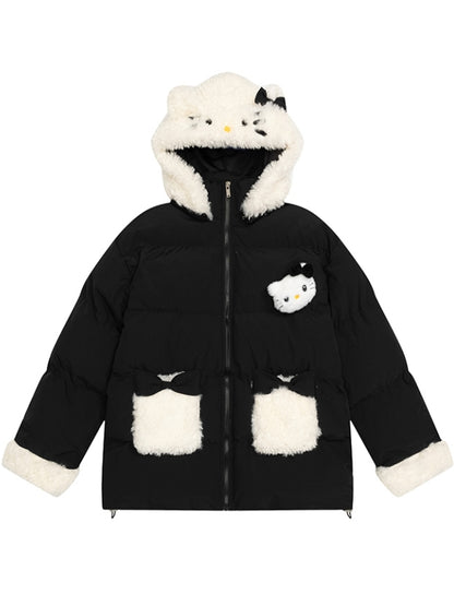 Rosa/schwarze Pufferjacke mit Kapuze und Plüschbündchen mit Kätzchen-Verzierung