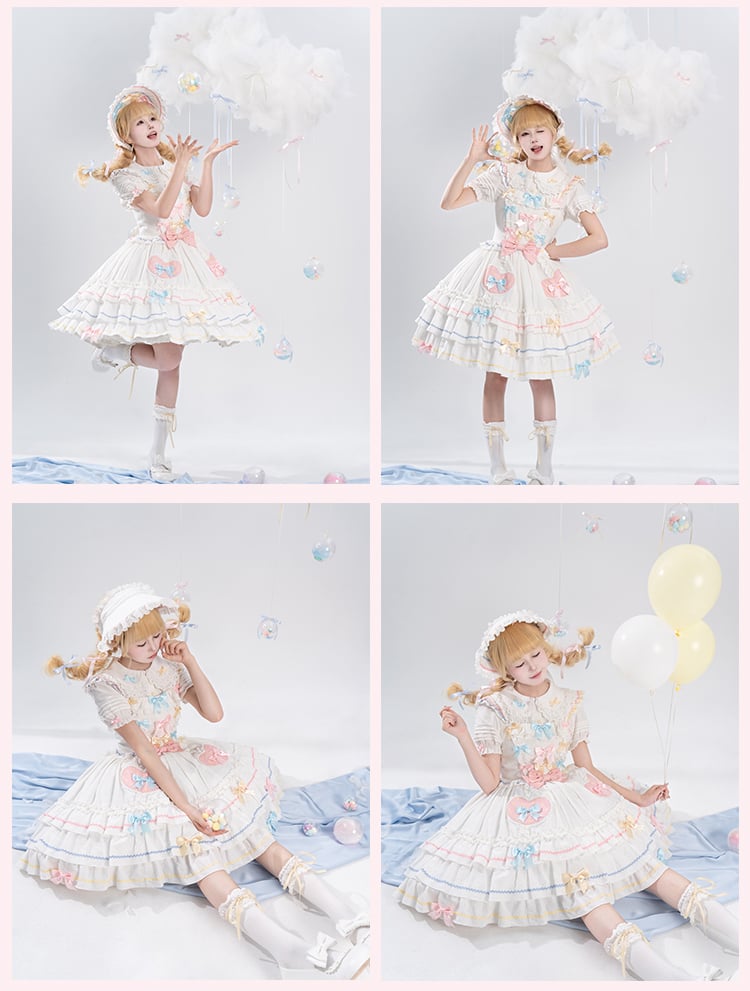 Bowknots White Macaron Color Ruffled Lace Trim Bonnet