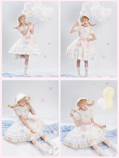 Bowknots White Macaron Color Ruffled Lace Trim Bonnet