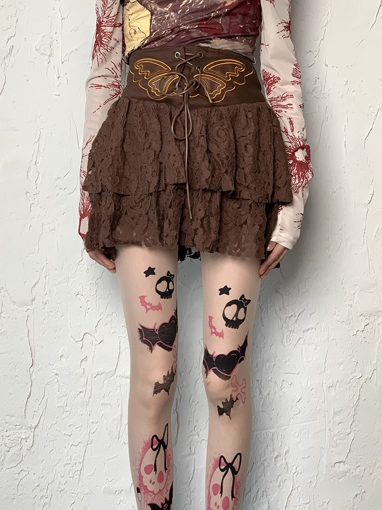 Print Skull Y2K Tights Sweet Nude Heart and Grunge