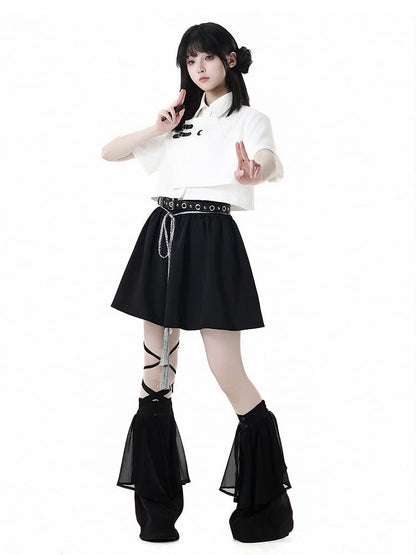 ベルト付きブラックチャイナタッセルスタイルショーツ、バックルベルト付き