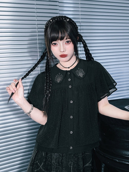 Dark Peter Pan Collar Short Sleeve Blouse with Floral Embroidery - Quirky Hut