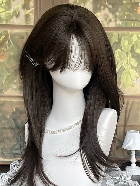 ブラウンのロングストレート合成ウィッグ（前髪付き）