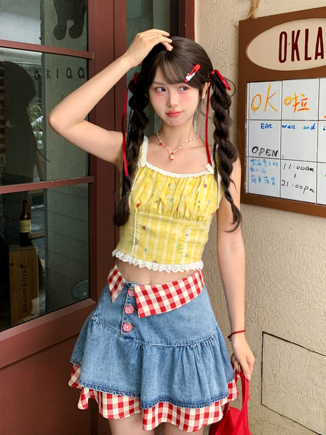 トリムレーススタープリントトップ イエローチェック柄 クロップド丈 ノースリーブ