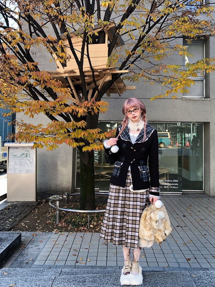 Accents BlackGray/BrownYellow Plaid Patch Plush Thigh-High and Wool Slit Skirt with Midi