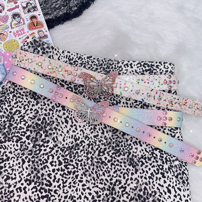 Belt Rhinestone White/Colorful Design Butterfly Decorated Waist