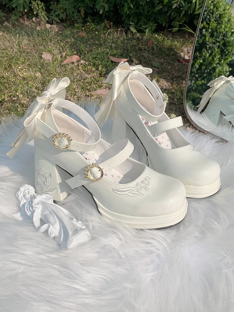 Lily Poliert die Heels Weiß Mary Middle Janes Abnehmbare Tal Stickerei Bowknot von