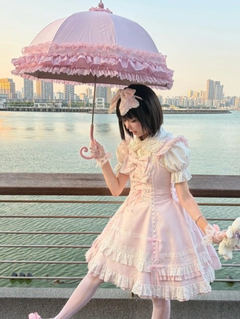 Snowy Pink Cotton JSK Dress with Ruffle Edging