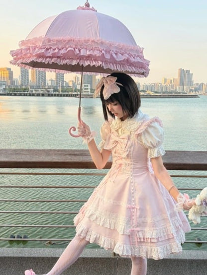 Snowy Pink Cotton JSK Dress with Ruffle Edging