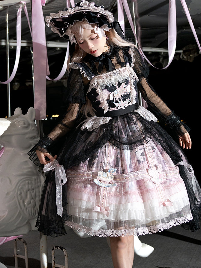 Black and Pink Curtain Tulle Overlay Flying Horse Print Skirt Lolita Jumper Skirt