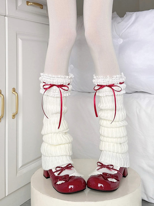 Red White Knitted Warmers with Bow 70CM Decorations Ruffle Leg