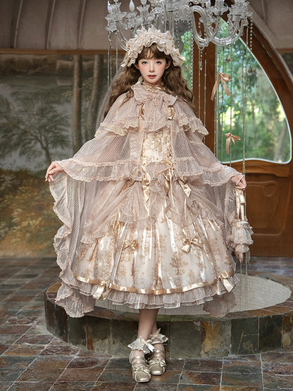 Cascading Trimming Cloak Ruffle Self-tie Neckline Champagne Bow Big