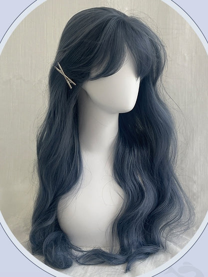 Staubig blaue, hüftlange, gewellte Perücke mit Air Bangs