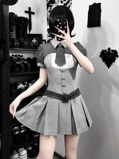 Gray Striped Jirai Kei Set: Cropped Top, Camisole Dress, Belt, Tie - Ekomi