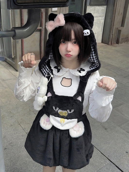 Detachable with Plush Paw Kawaii Soft Hood Cat-Ear Cat Embroidery Bloomer Shorts Overall Black