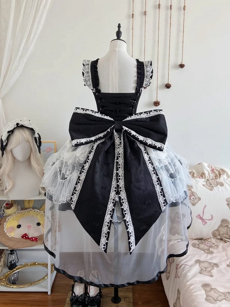 Decorated Lolita JSK with Bow Train and Overlay - Ling Yue You Xin