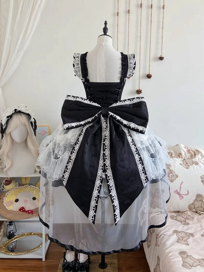 Decorated Lolita JSK with Bow Train and Overlay - Ling Yue You Xin