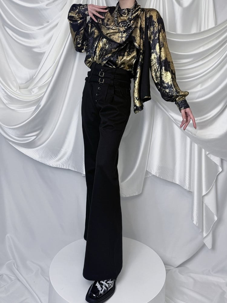 Ouji Spring Buckle for High-Waisted Lolita Summer - with Vertical Waistband Black Pants Flare Buttoned