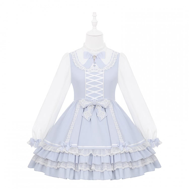 Jirai Pink Light Sweet Criss-Cross Dress Bodice Kei with Blue / Tiered Dreamy