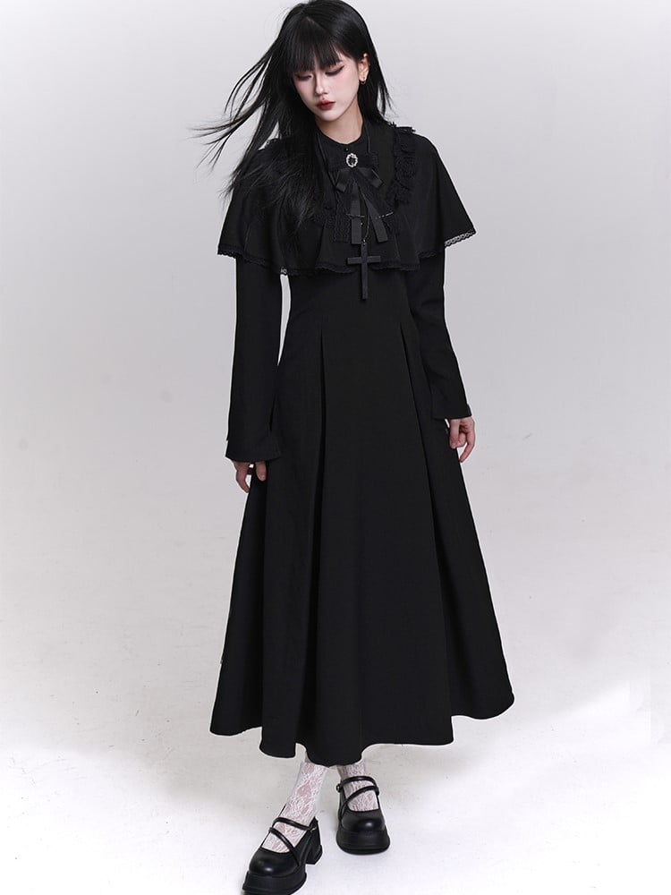 Black Trad Goth Tea Length Dress with Built-In Lace Trimmed Cape