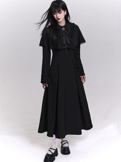 Black Trad Goth Tea Length Dress with Built-In Lace Trimmed Cape