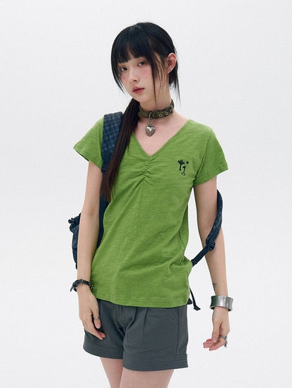 Green Cotton V-Neck Tee with Key Embroidery - innomoood