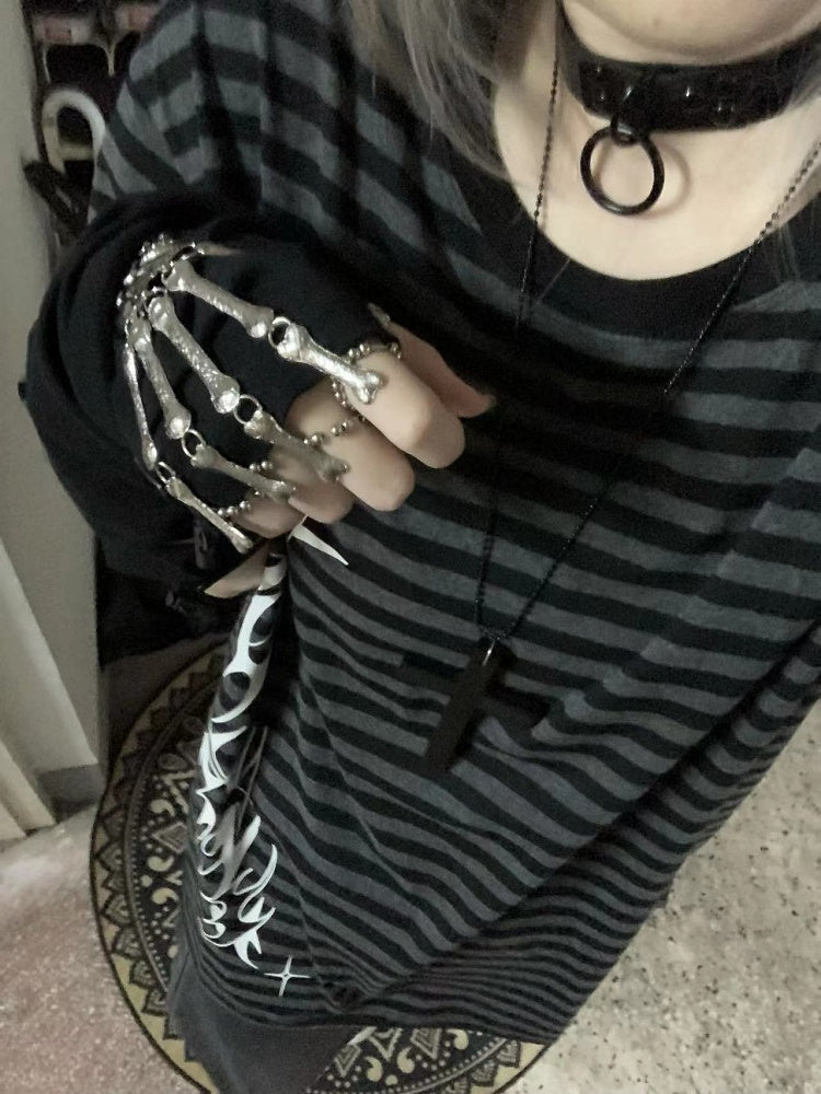 Print Decorative T-Shirt Chic Black with Gray Striped