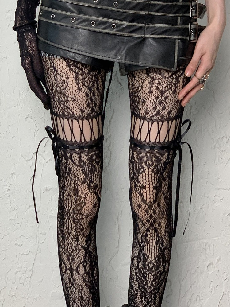 Ausgeschnittene Strumpfhosenträger zum Selbstbinden in Kaffee/Grau/Schwarz/Weiß/Lila/Blau im Y2K-Stil mit Blumenmuster