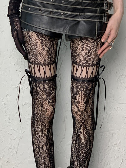 Ausgeschnittene Strumpfhosenträger zum Selbstbinden in Kaffee/Grau/Schwarz/Weiß/Lila/Blau im Y2K-Stil mit Blumenmuster