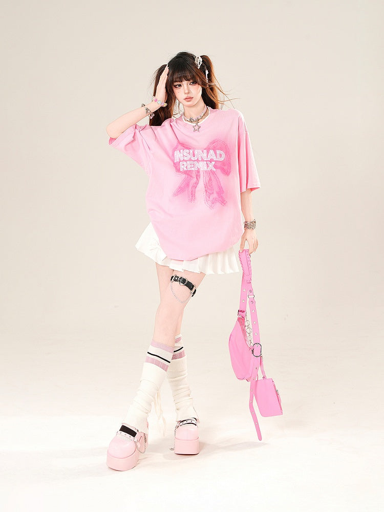 Pink Round Neck Big T-Shirt Bow Print Loose